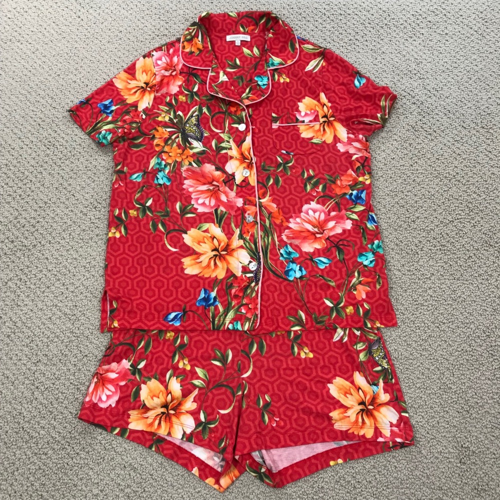 Johnny Was Red Floral Pima Cotton Modal Pajama Set XS Short Sleeve Shorts PJ